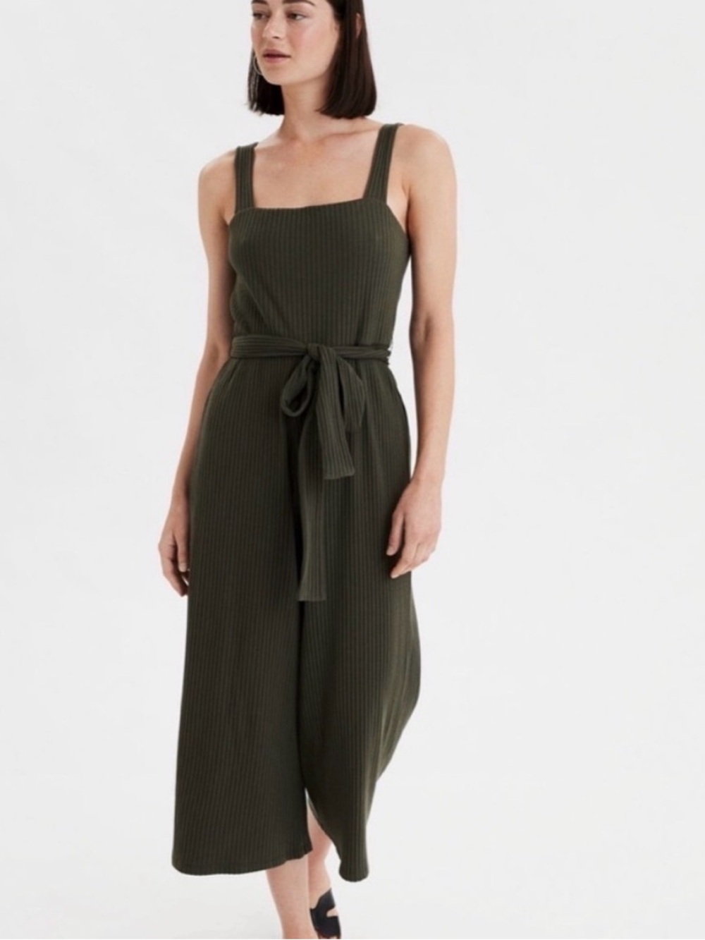 American Eagle Outfitters Olive Ribbed Tie-Waist Jumpsuit